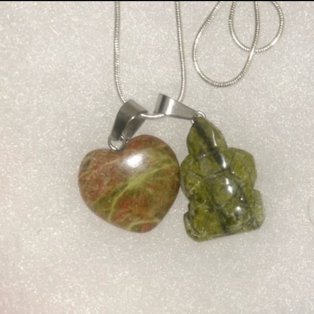 Unakite Crystal Heart ❤️ and Serpentine turtle 🐢 sterling silver 16” necklace